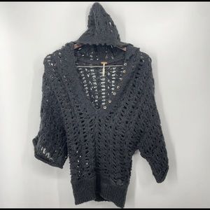 Free People Sweater Womens Size XS Black Hooded Chunky Open Knit Fuzzy